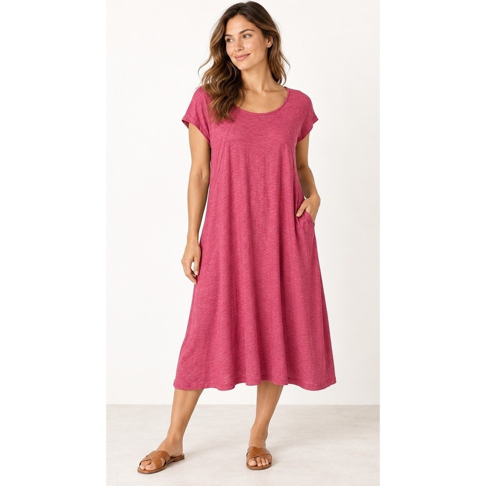Cut Loose Midi Dress Women Medium Pink Cotton Linen Slub Knit Pockets Boho